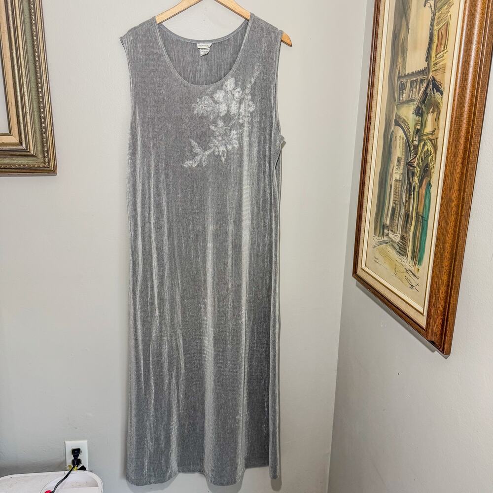 Vtg 90s Hypnotic Grey Ribbed Maxi Dress Floral Stamp Whimsigoth Plus Size XL 1X